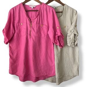 Company Ellen Tracy 100% Linen Zip Neck Roll Tab Sleeve Blouse Lot of 2 Pink Tan